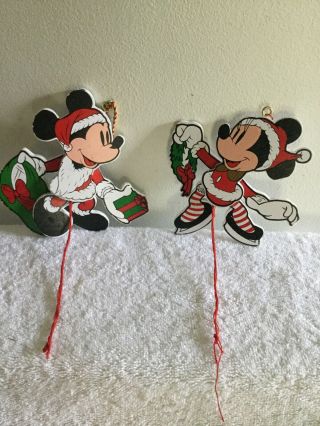 Vintage Disney Minnie & Mickey Pull String Christmas Ornaments Wooden Santa Pair
