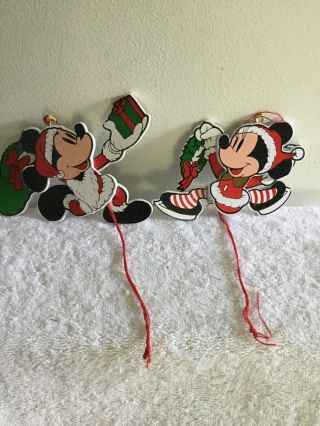 Vintage Disney Minnie & Mickey Pull String Christmas Ornaments Wooden Santa pair 3