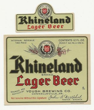 Yough Brewing Rhineland Lager Beer Label With Neck Irtp U Connellsville Pa