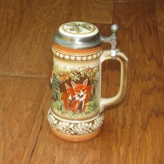 Gerz Red Fox & Kits Lidded German Beer Stein,  Vintage Breweriana