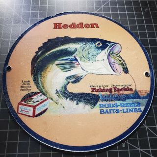 Vintage Heddon Fishing Tackle Rods Reels Baits Porcelain Man Cave Garage Sign