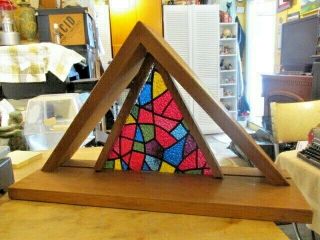 Vintage Mid Century Modern Wooden Tv Lamp With Stained Glass Style Insert