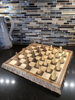 Vintage Hand Carved Wood Chess Set Game In Board Box