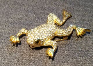 Vintage Christian Dior 14k Gold Plate Crystal Rhinestone Frog Brooch