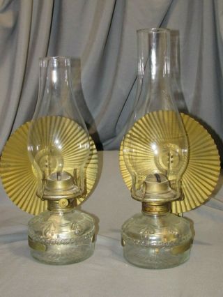2 Vintage Eagle Embossed Glass Brass Kerosene Oil Lamp Wall Mounts & Reflectors