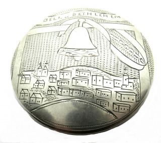 Antique Silver Compact " Bell Of Bethlehem " Stamped Silver Lg