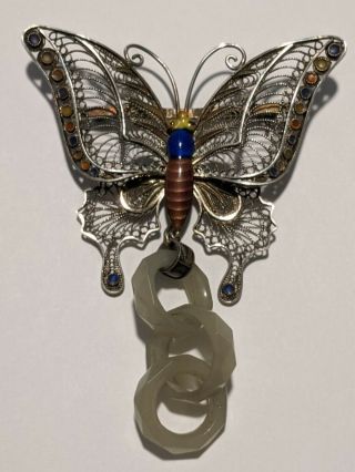 Vintage Chinese Sterling Silver Filigree Jade Enamel Butterfly Pin Brooch