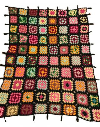 Vintage Granny Square Afghan Blanket Throw Crochet Black Multi Color 66 X 58