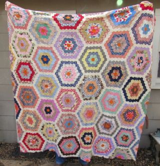 Vtg Feed Sack Hand Sewn / Pieced Quilt Top Grandmother 