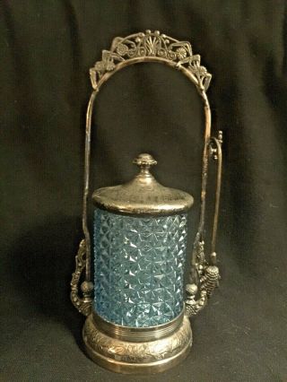 Antique Victorian Pickle Castor Silver Plate Blue Diamond Glass Insert W/ Tongs