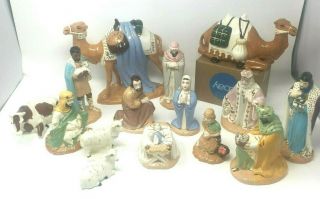 Vintage 1960s Holland Mold 15 Piece Ceramic Nativity Set Christmas Brown Blue