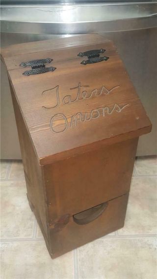 Vintage Rustic Wooden Taters Potato & Onions Hinged Storage Bin Ventilated 24.  5 "