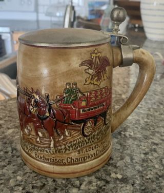Vintage 1980 Ceramarte Budweiser Clydesdales Holiday Beer Stein Mug With Lid
