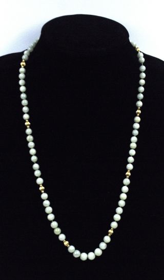 Vintage Graduated Light Green Jade Bead Necklace Strand 14k Yellow Gold 24 "