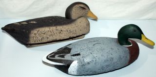 Pair Mallard Drake & Hen Duck Decoy Cork W/ Wood Keel Unknown Maker
