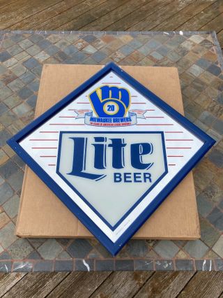 Vintage Milwaukee Brewers Miller Lite Beer Bar Mirror 20th Anniversary