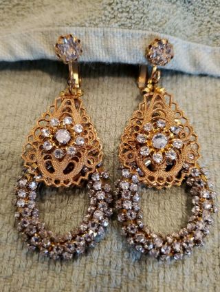 Vintage Signed Miriam Haskell Rhinestone Crystal Drop Clip Earrings