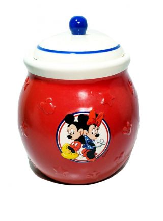 Disney Mickey Minnie Mouse Ceramic Cookie Jar Canister With Lid Red White Blue