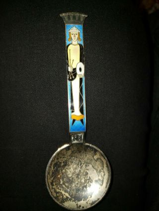 Antique Norway J.  Tostrup Sterling Silver Blue Yellow Enamel Spoon Oslo Candy
