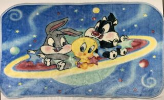 Vintage Baby Looney Tunes Bugs Bunny Sylvester Tweety Baby Blanket Blue Space