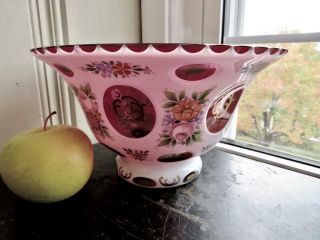 Vintage Czech Bohemian Moser Glass Bowl White Cut To Cranberry Roses Gold 10 " Dia