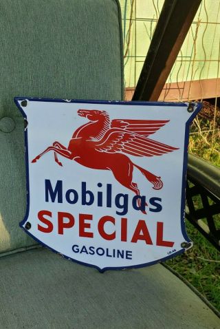 Mobilgas Special I.  R 46 Porcelain Sign Mobil Pegasus Vintage Brand Gasoline Pump