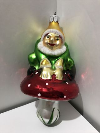 Vintage Christopher Radko Glass Mushroom Frog Elf Dwarf Gnome Christmas Ornament