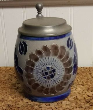 Vintage German Handarbeit Hand Painted Ceramic Lidded Beer Stein Blue Salt Glaze