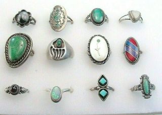Estate Vintage Southwestern Style Sterling Silver Rings 12 Piece Group 46 Grams