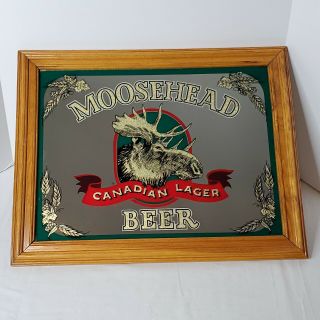 Vintage Moosehead Canadian Lager Beer Bar Mirror Sign Wood Frame 19” X 15”