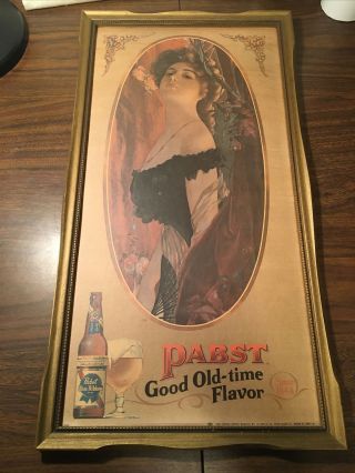 Rare Vintage Pabst Blue Ribbon Beer “ Good Old Time Flavor” Sign 26x14” Lady