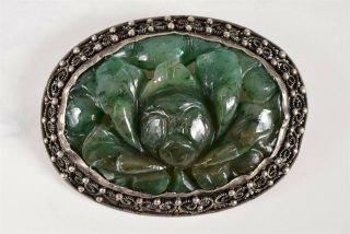 Vtg Deeply Carved Apple Green Jade Flower Brooch/pin Set In 925 Sterling Silver