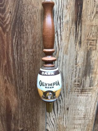 Rare Vintage Olympia Dark Beer Tap Handle Porcelain Ceramic Wood 12” Cond.
