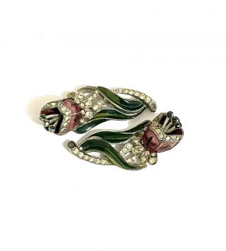 Vintage Gorgeous Enamel Trembler Coro Duette Flower Rhinestone Brooch Pin Clip