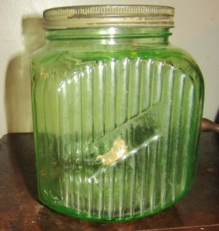 Vintage Anchor Hocking Green Vaseline Ribbed Depression Glass Cookie Jar