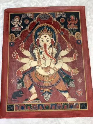 Vtg Thangka Ganesh Elephant God Hindu Buddhist Paubha Painting Nepal 23x18