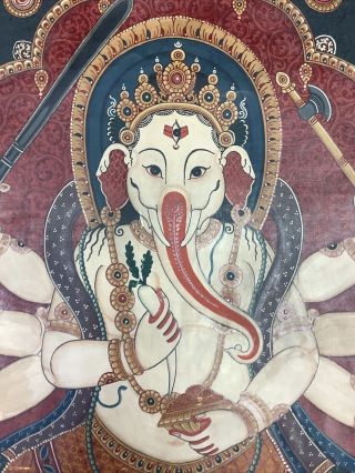 Vtg Thangka Ganesh Elephant God Hindu Buddhist Paubha Painting Nepal 23x18 2