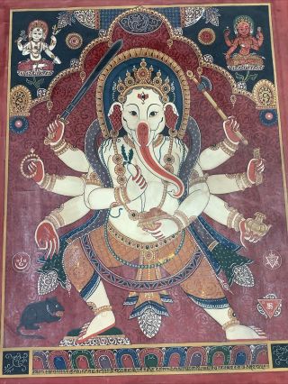 Vtg Thangka Ganesh Elephant God Hindu Buddhist Paubha Painting Nepal 23x18 3