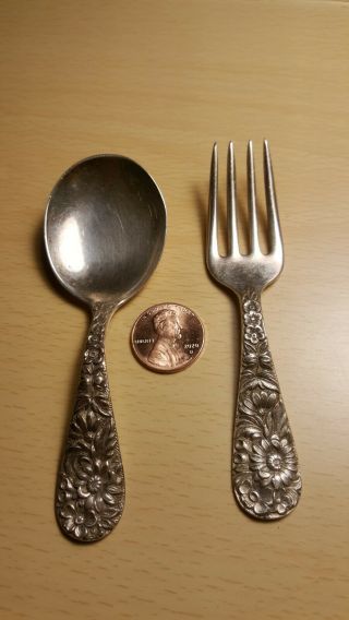 Vintage Sterling S.  Kirk & Son Repousse Spoon And Fork Childs Set