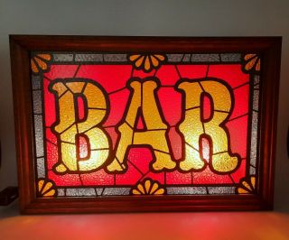 Vintage Faux Stained Glass Bar Lighted Box Sign -