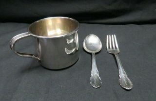 Vintage International Sterling Baby Cup & Lunt Sterling Fork & Spoon,  Engraved