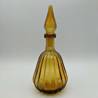Vintage Mcm Italy Empoli Amber Glass Genie Bottle Decanter Rounded Ribbed