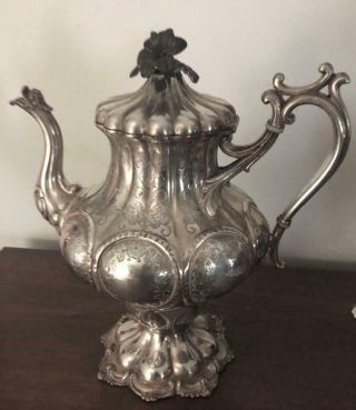 Antique Victorian Silver Plate Ornate Etched Coffee Pot Flower Finial Fish Spout