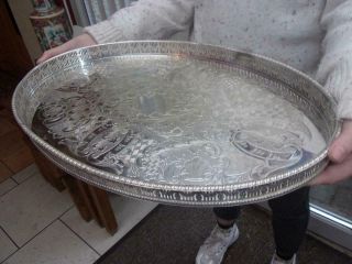 Large Vintage Oval Silver Plated Tray Ornate Embossed Gallery Viners 18 " Long