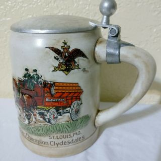 Vintage Budweiser Champion Clydesdale Stein Ceramarte Mug W/lid Made In Brazil
