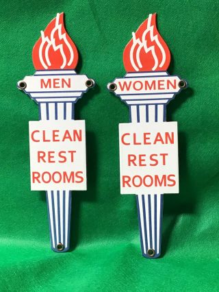 Vintage Porcelain Mens & Womens Restroom Gas Sign Standard Oil Flame