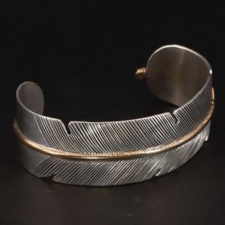 Vtg Sterling Silver 12k Gf - Navajo Signed Etched Feather 7 " Cuff Bracelet - 50g