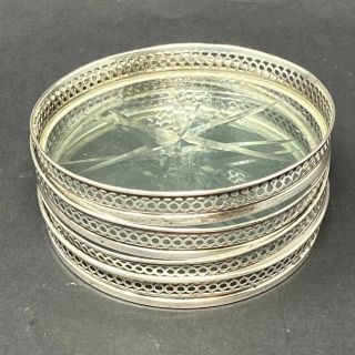 Set/4 Vintage Sterling Silver & Cut Crystal Coasters Reticulated Garland Rims