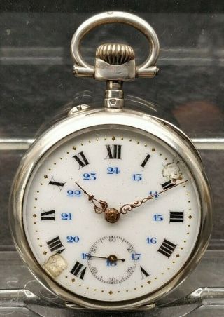 Antique French Silver Open Face 10 Jewel Fob Pocket Watch.  Runs Needs Attention.