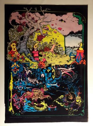 Vintage 1971 Black Light Flocked Psychedelic Poster Here & There